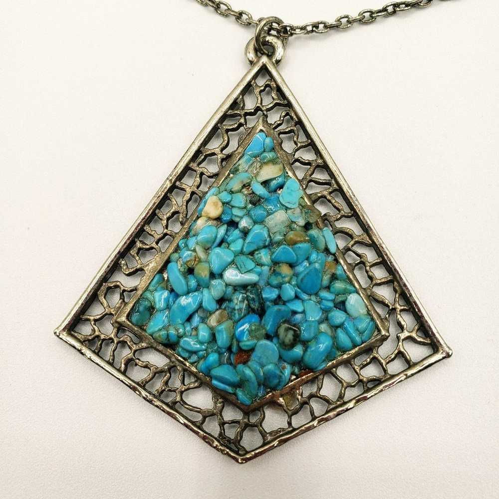 Vintage Blue Green Faux Turquoise Pendant Silver … - image 5