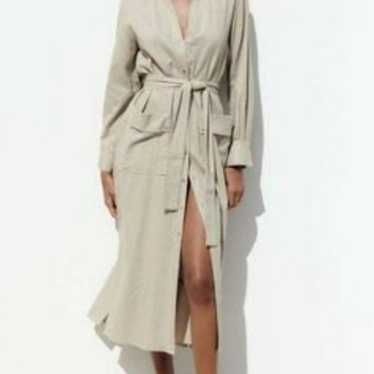 NWT. Zara Midi Linen Blend Dress Pockets long sle… - image 1