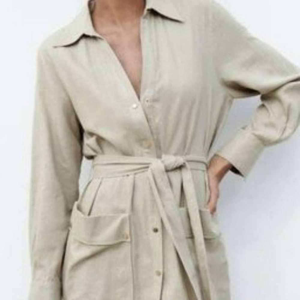 NWT. Zara Midi Linen Blend Dress Pockets long sle… - image 2