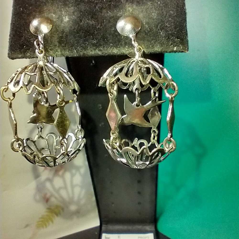 Silver Tone Birdcage Earrings - image 2