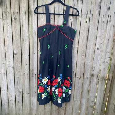 Vintage 1970s 70s Jenni Floral Daisy poppy Black … - image 1