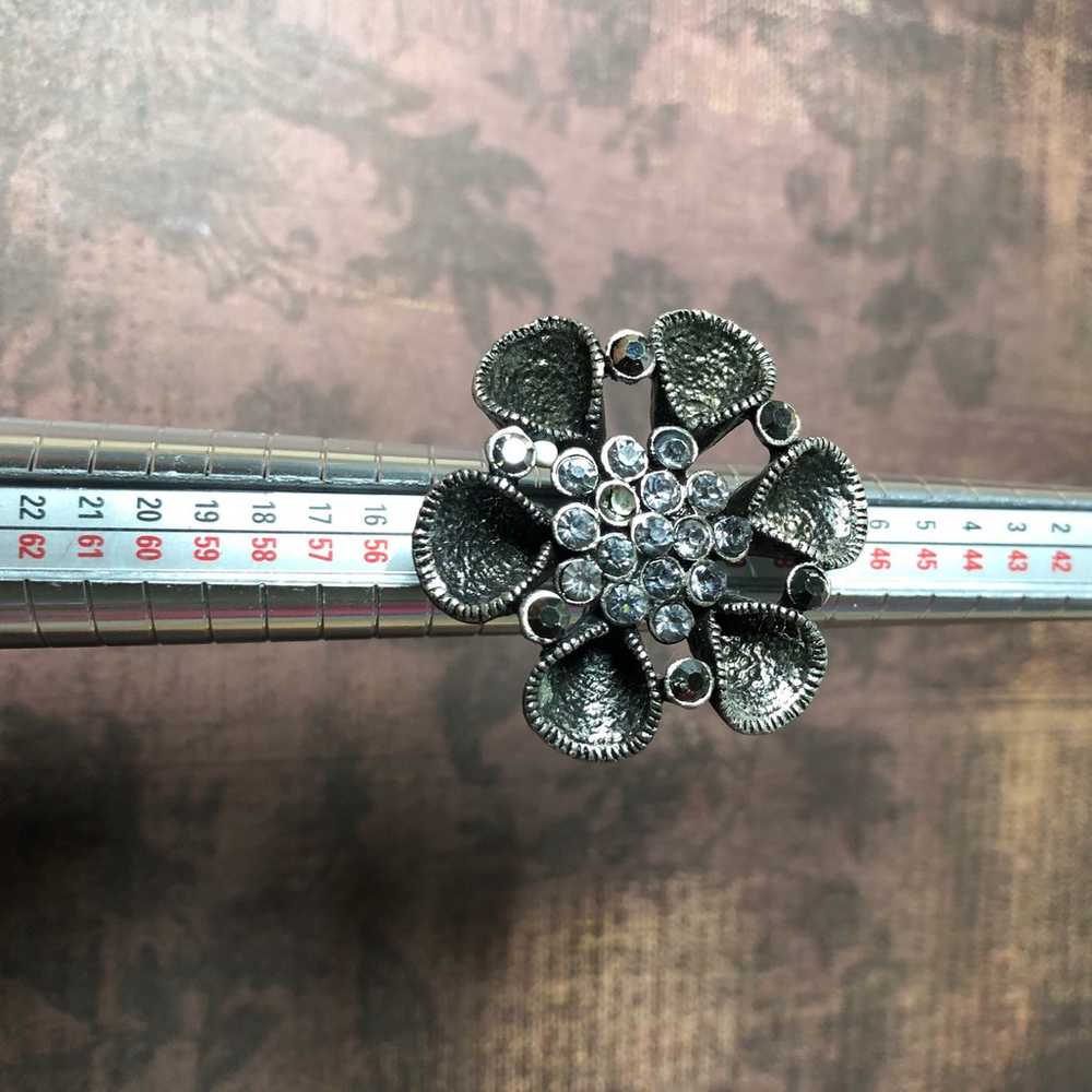 Vintage Silver Tone Jeweled Flower Ring Adjustable - image 1