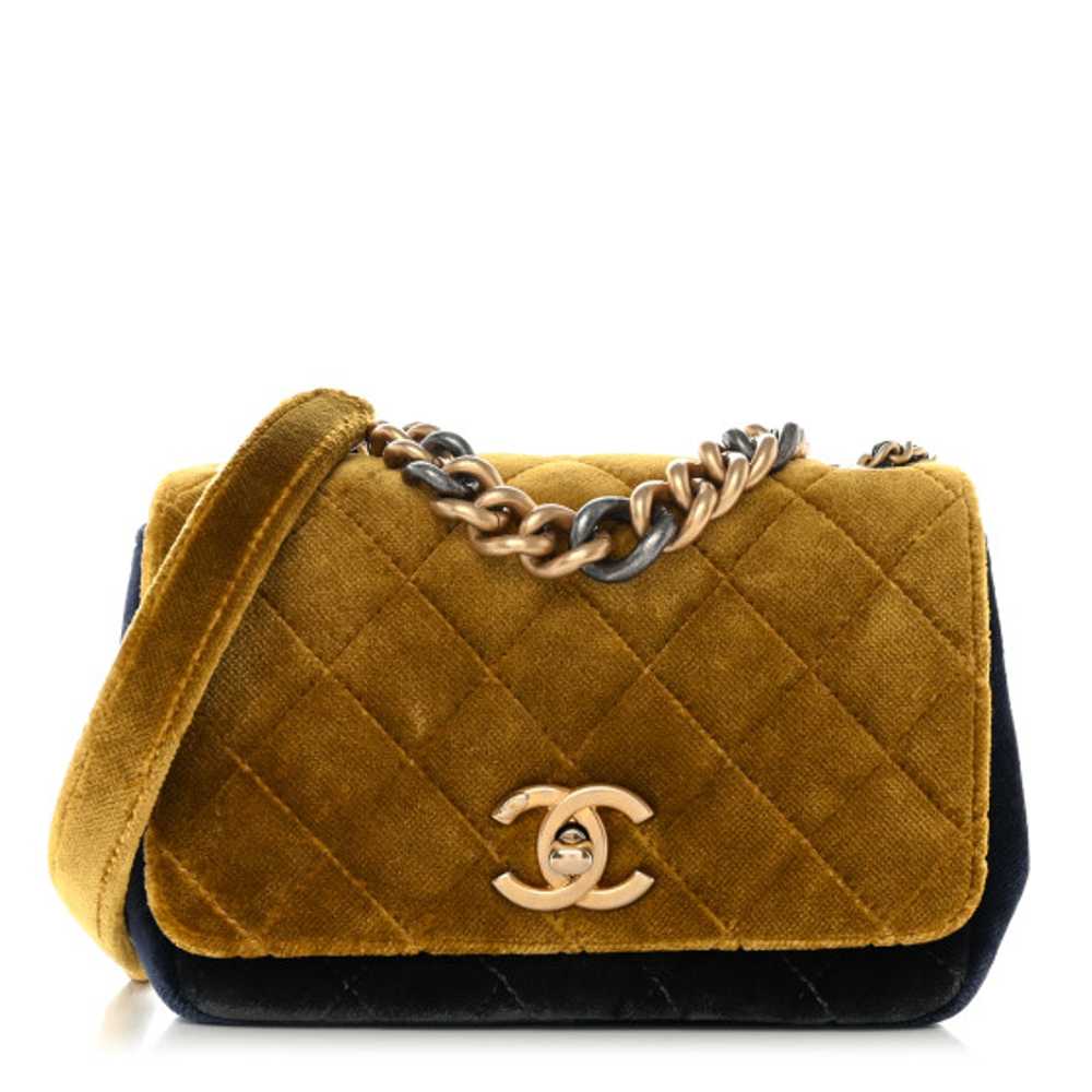 CHANEL Velvet Quilted Small Flap Yellow Navy Char… - image 1