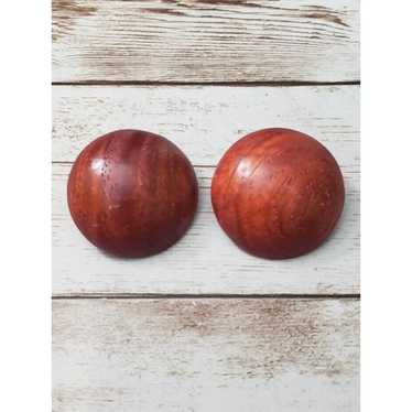 Vintage Clip On Earrings - Wood Domed Circle Earr… - image 1