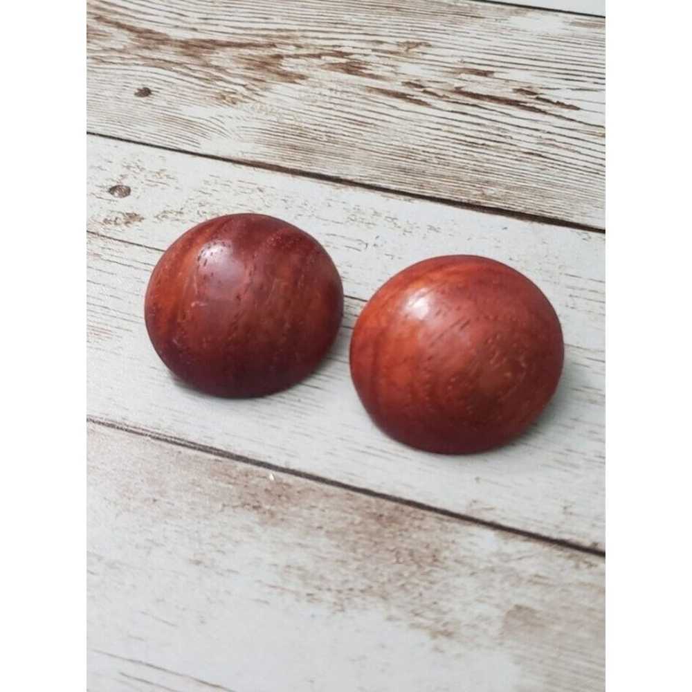 Vintage Clip On Earrings - Wood Domed Circle Earr… - image 2