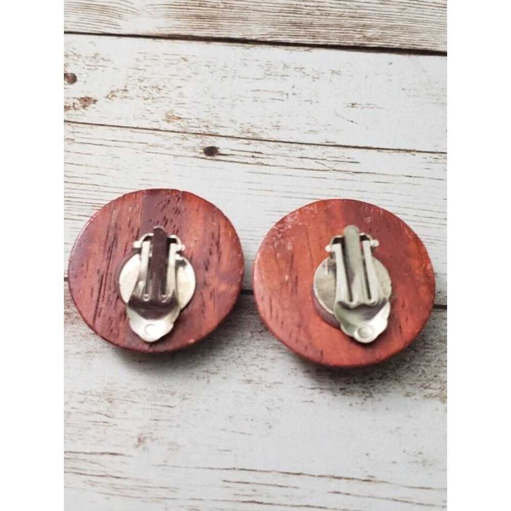 Vintage Clip On Earrings - Wood Domed Circle Earr… - image 5