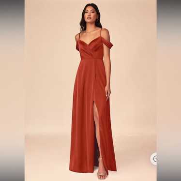 Azazie Rust A-Line V-Neck Pleated Stretch Satin Dr