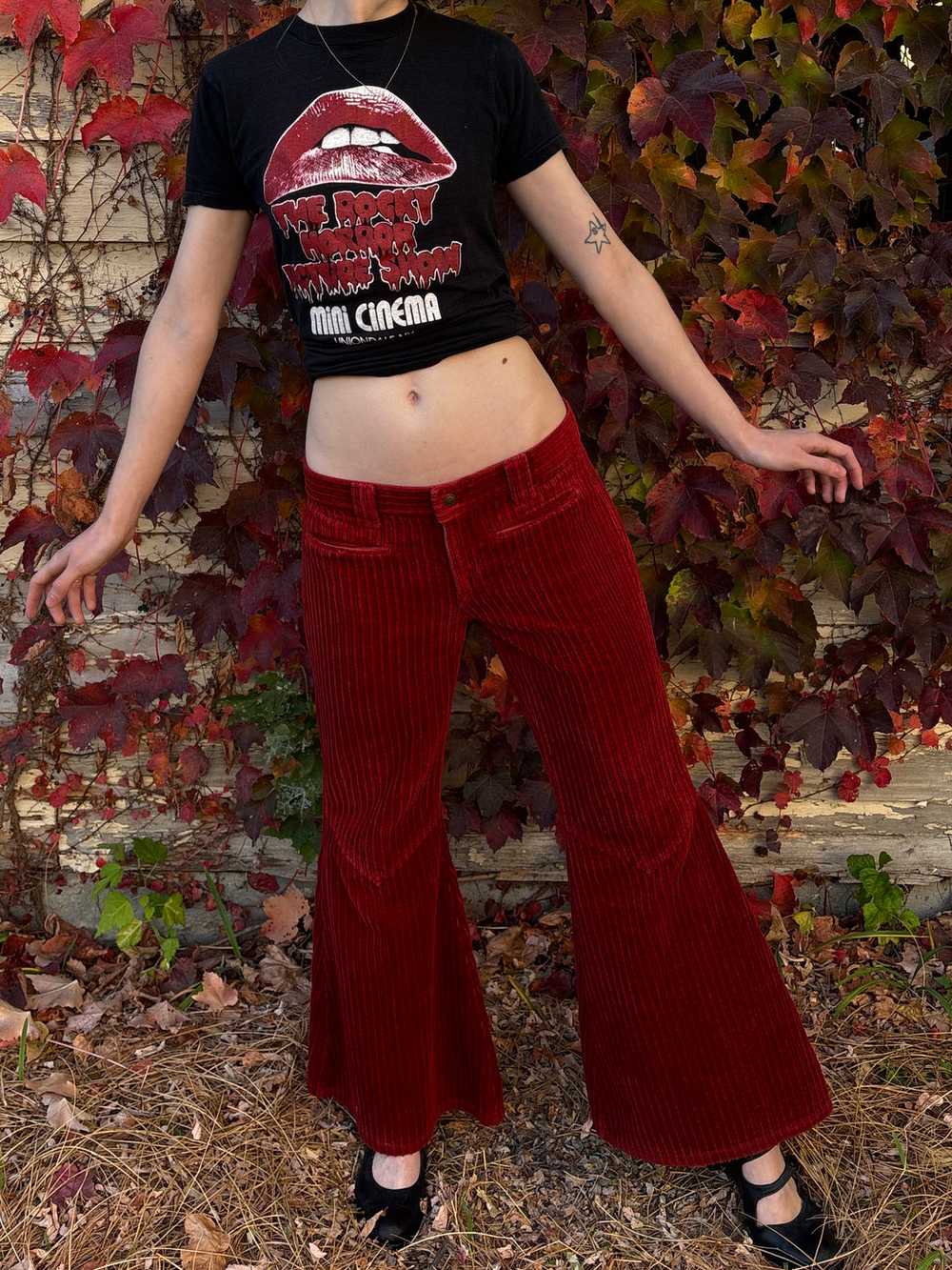 1970s Dark Red Corduroy Pants Wide Leg Bell Bottom - image 11