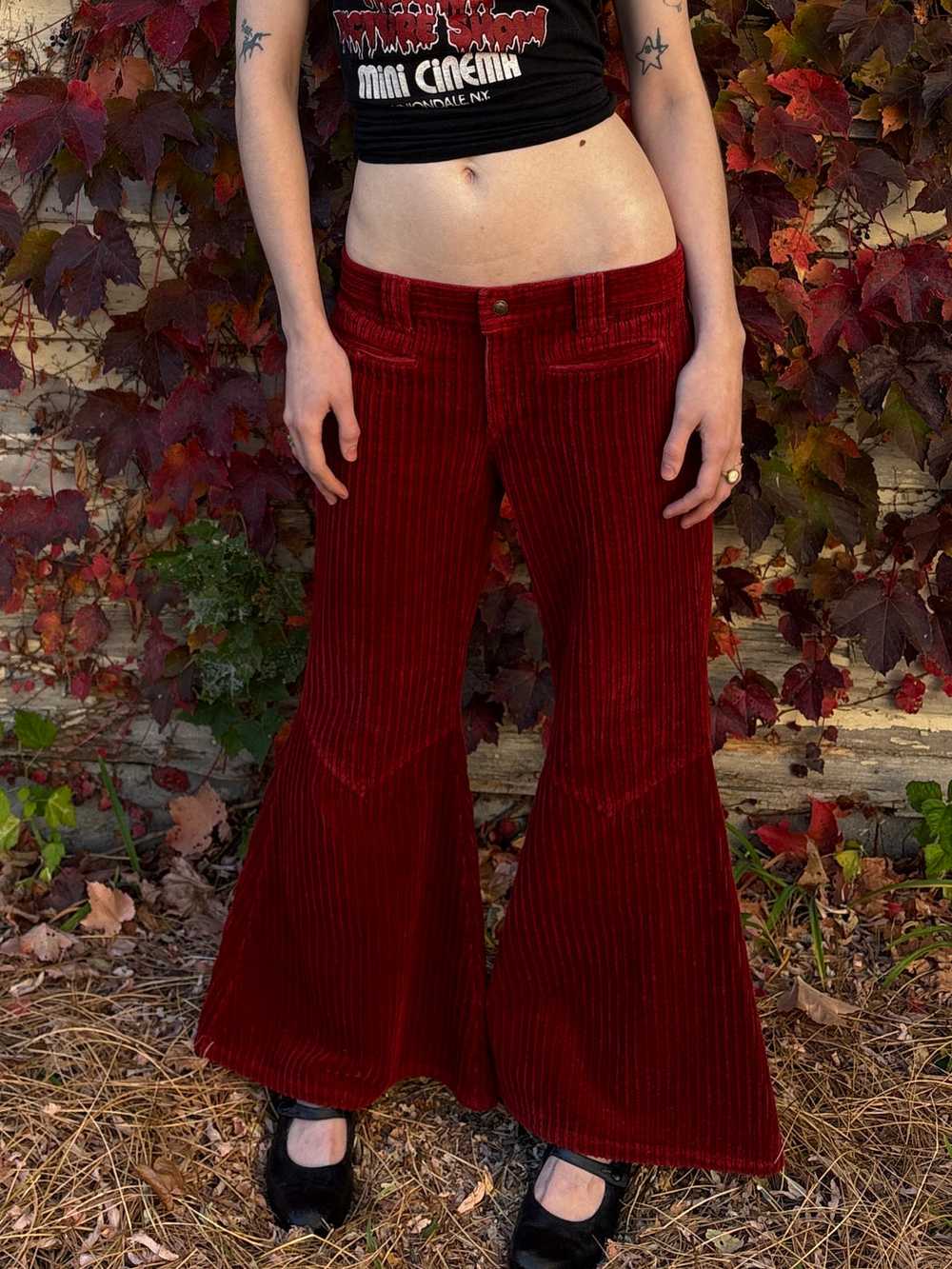 1970s Dark Red Corduroy Pants Wide Leg Bell Bottom - image 2