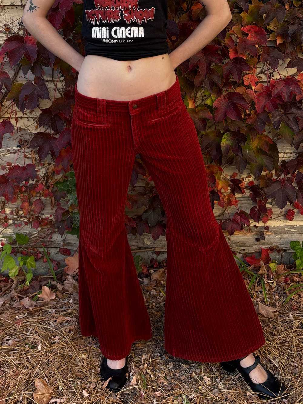 1970s Dark Red Corduroy Pants Wide Leg Bell Bottom - image 3