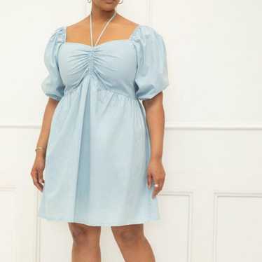 ELOQUII Elements Chambray Tie Neck Puff Sleeve Dre