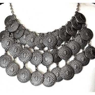 Vintage 70s Boho Bib Statement Necklace Silver To… - image 1