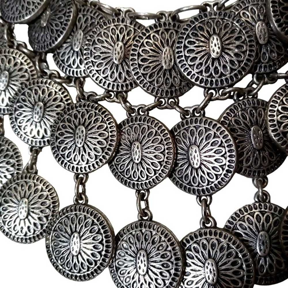 Vintage 70s Boho Bib Statement Necklace Silver To… - image 2