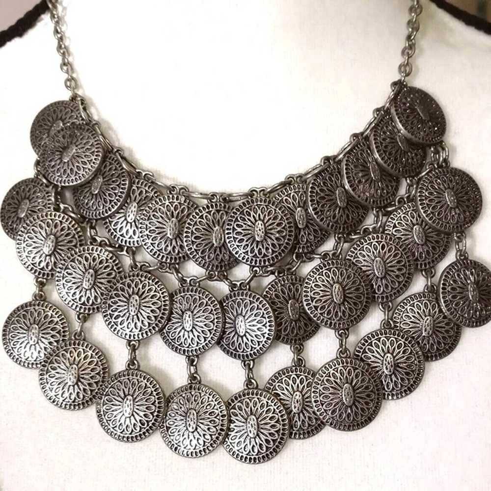 Vintage 70s Boho Bib Statement Necklace Silver To… - image 5