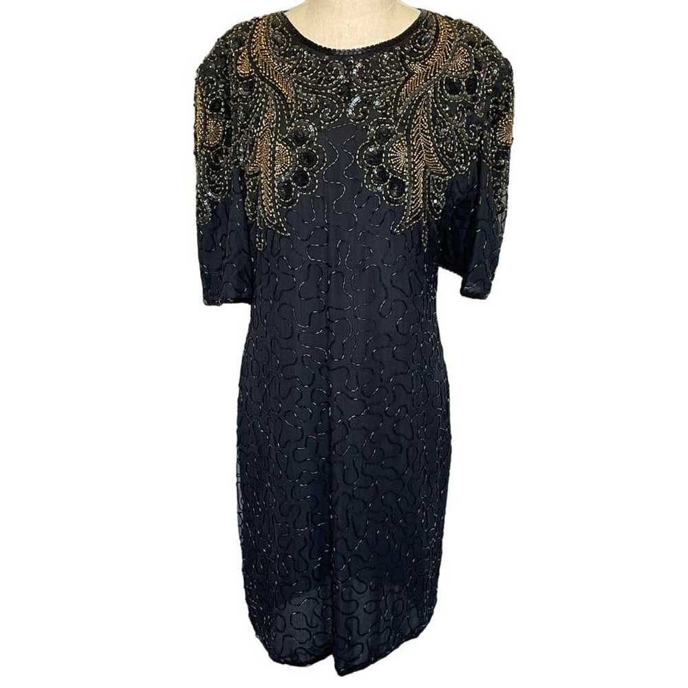 Vintage Black Gold Beaded Open Back Dress - image 2