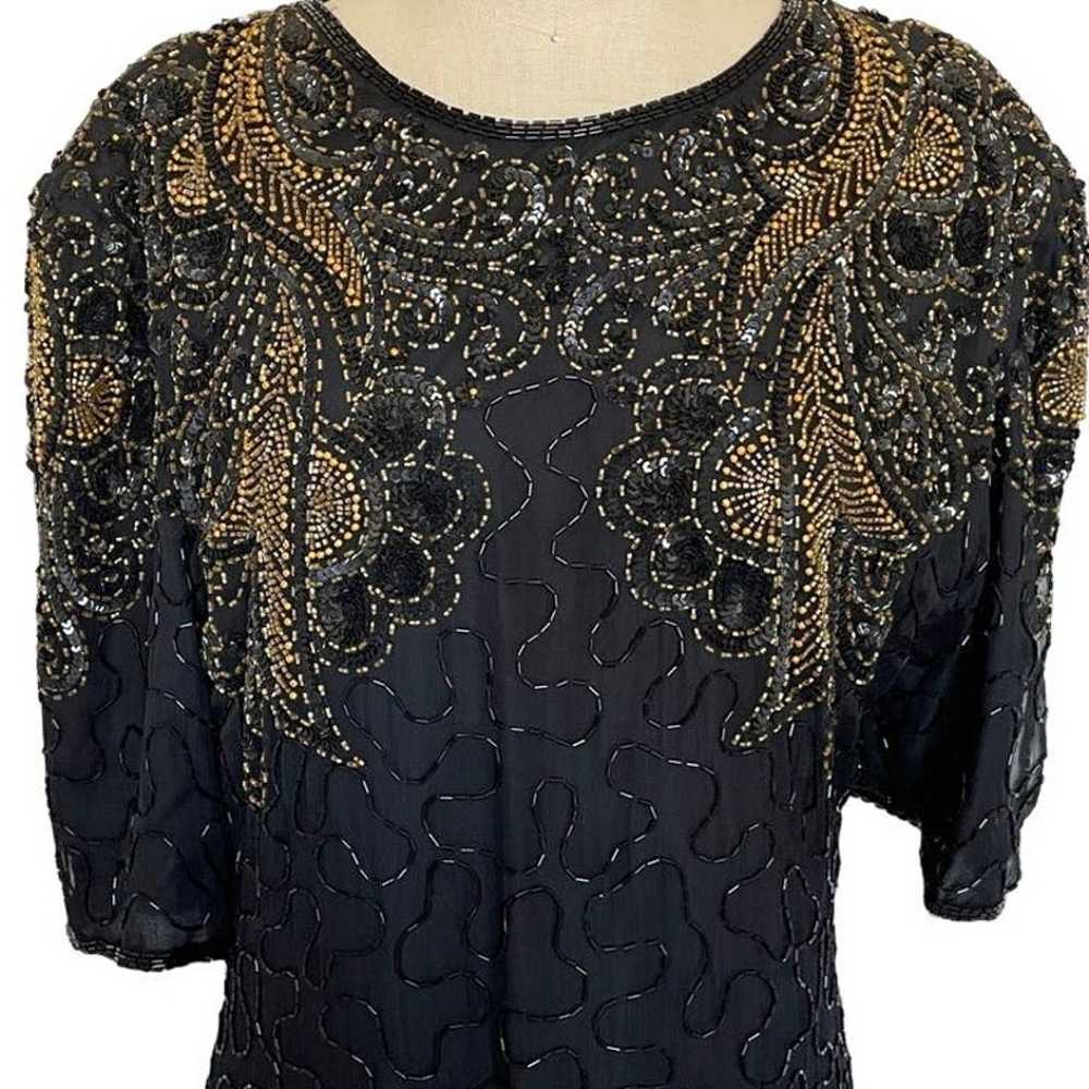 Vintage Black Gold Beaded Open Back Dress - image 4