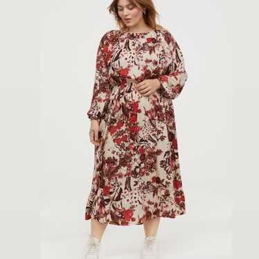 H&M Cream and Red Floral Smocked Midi Dr