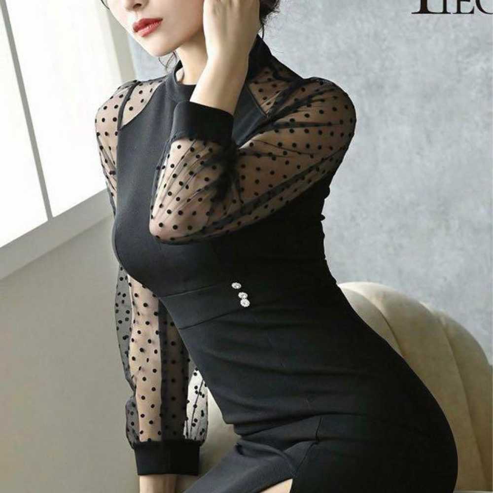 Dot Tulle Long Sleeve Sheer Club Dress - image 1