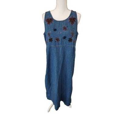 Vintage 80s Blue Demin Sleeveless Floral Embroide… - image 1