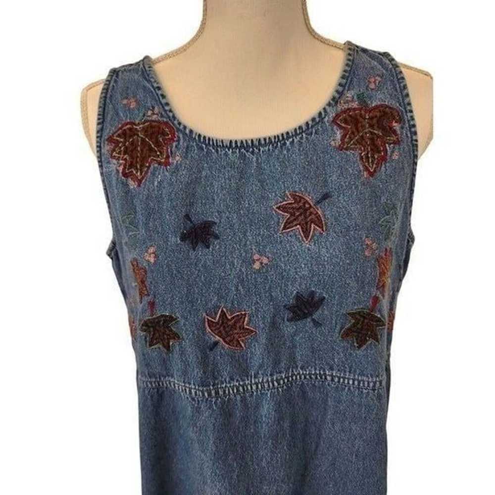 Vintage 80s Blue Demin Sleeveless Floral Embroide… - image 2