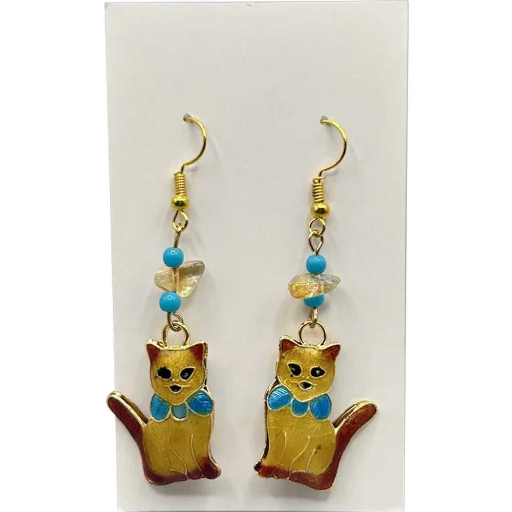 Enamel Ginger Cat Dangle Earrings with Bead Accen… - image 1