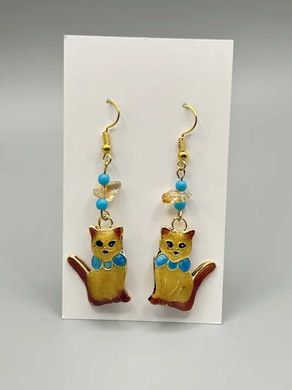 Enamel Ginger Cat Dangle Earrings with Bead Accen… - image 2