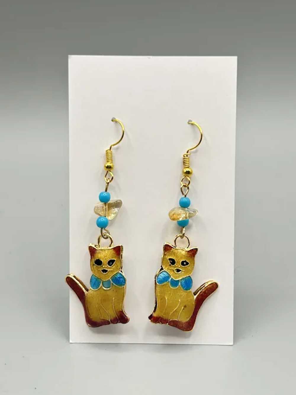 Enamel Ginger Cat Dangle Earrings with Bead Accen… - image 3