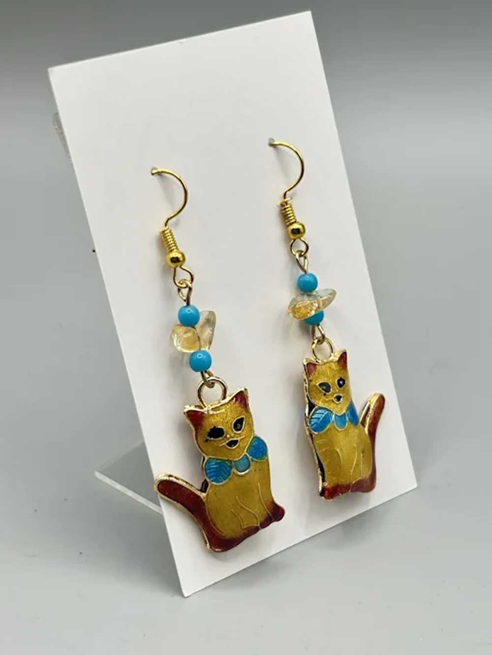 Enamel Ginger Cat Dangle Earrings with Bead Accen… - image 4