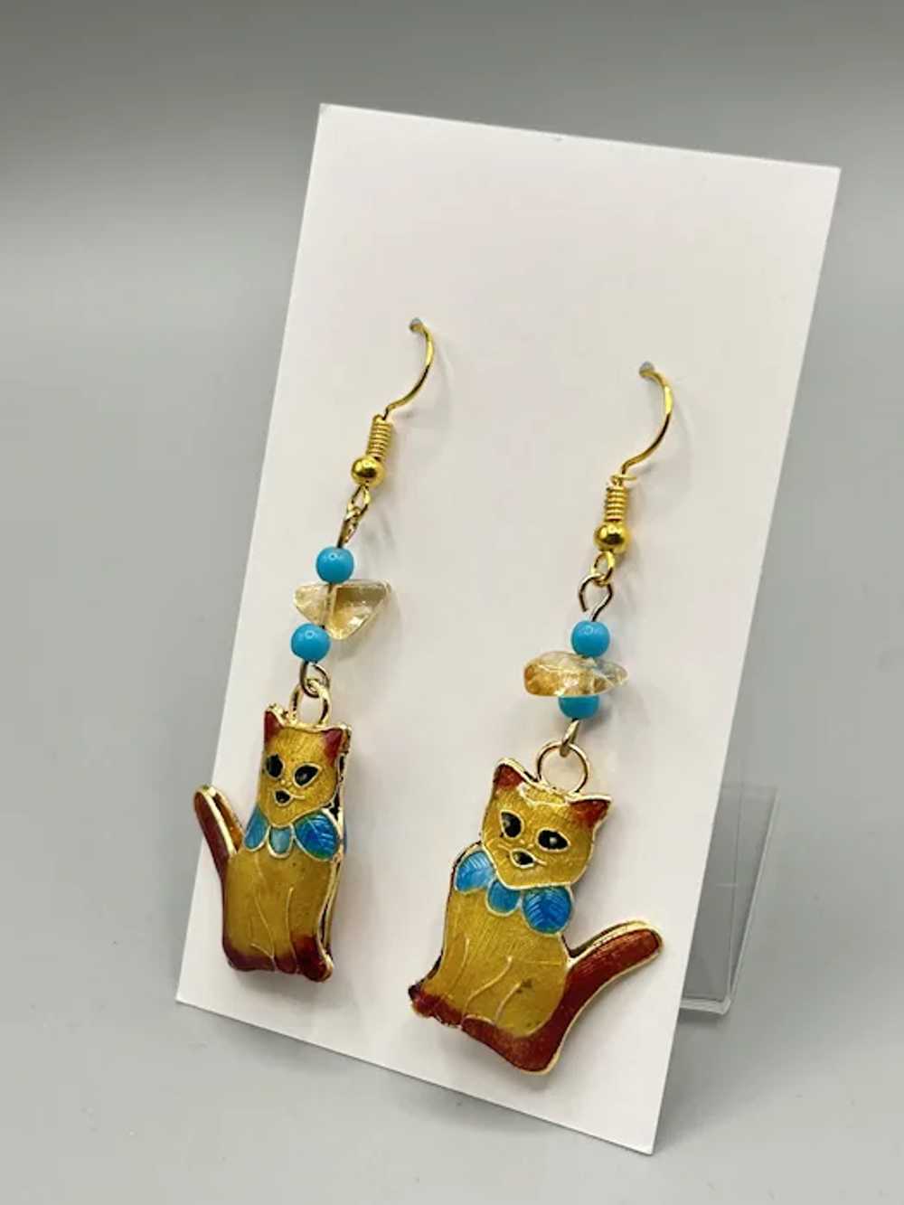 Enamel Ginger Cat Dangle Earrings with Bead Accen… - image 5