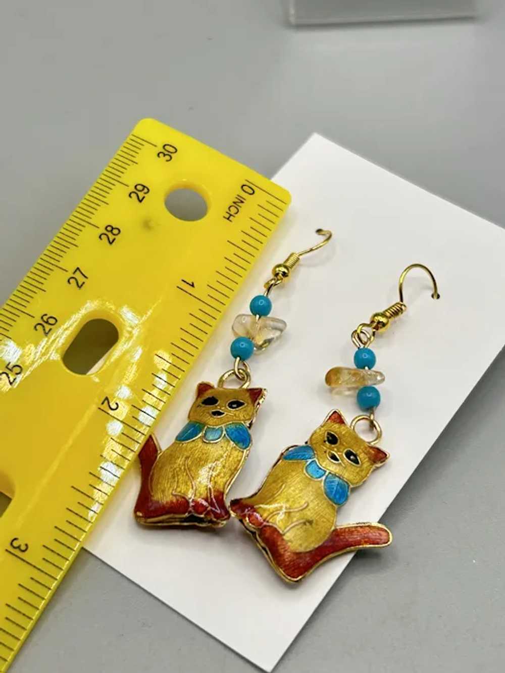 Enamel Ginger Cat Dangle Earrings with Bead Accen… - image 6