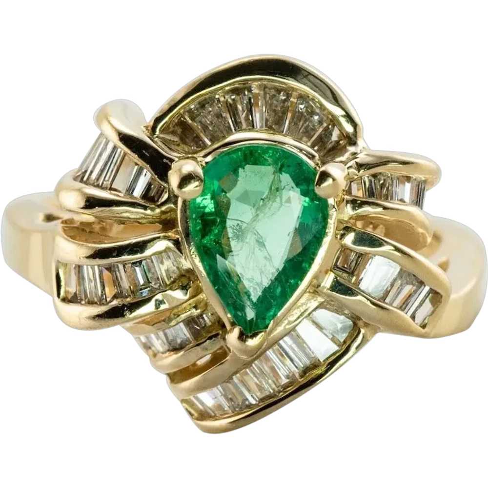 Natural Diamond Emerald Ring 14K Gold Pear cut Pe… - image 1