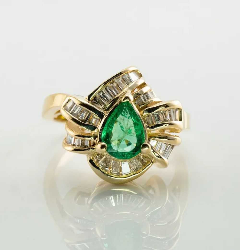 Natural Diamond Emerald Ring 14K Gold Pear cut Pe… - image 8