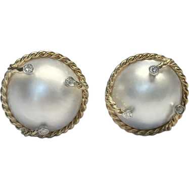 Vintage 14K Cultured Mabe Pearl & Diamond Earrings - image 1