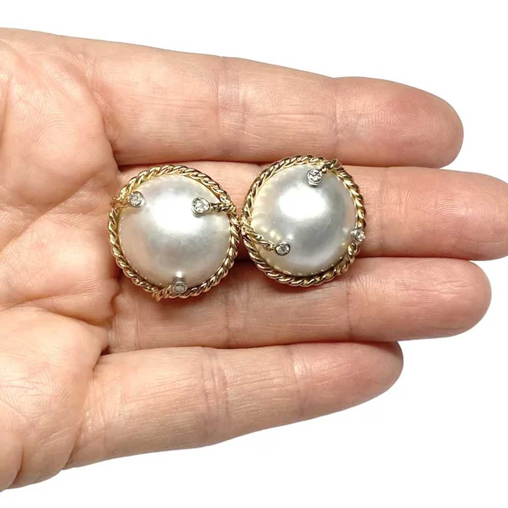 Vintage 14K Cultured Mabe Pearl & Diamond Earrings - image 6