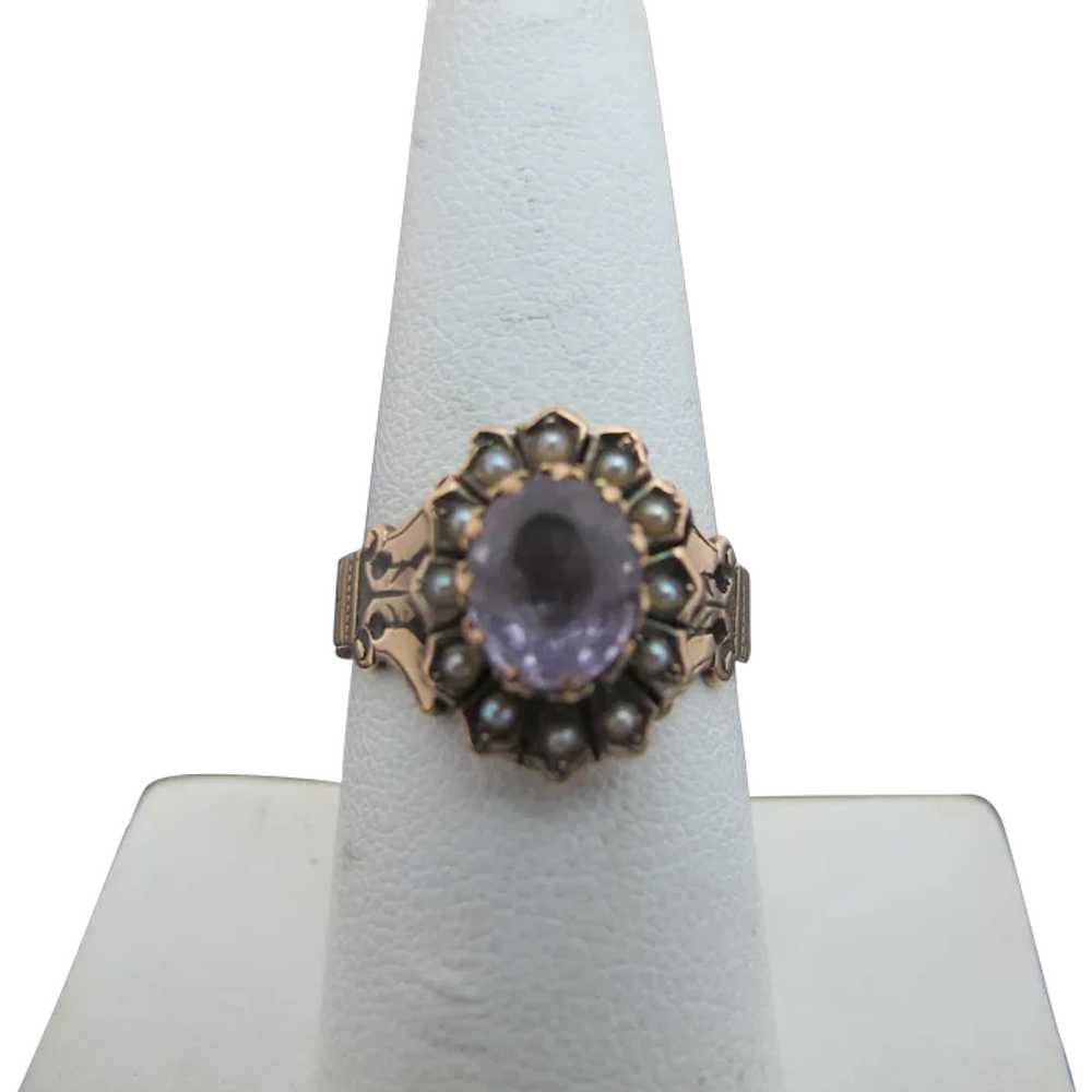 VICTORIAN 9k Rose Gold AMETHYST Seed Pearl Flower… - image 1