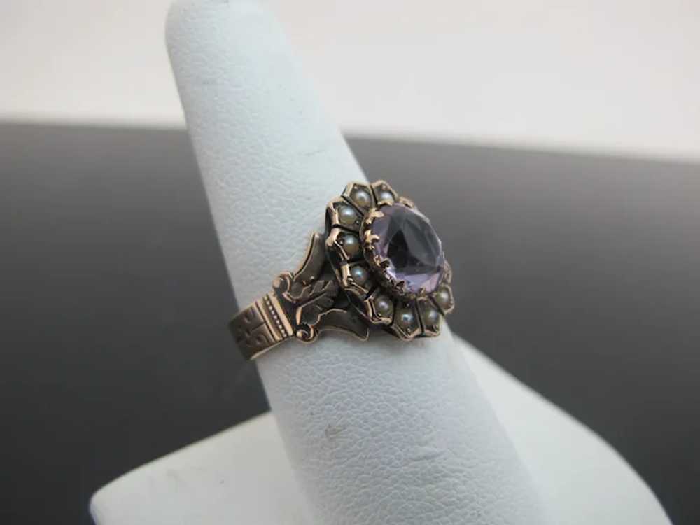 VICTORIAN 9k Rose Gold AMETHYST Seed Pearl Flower… - image 2