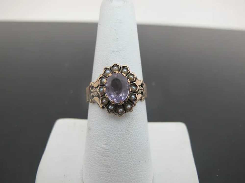 VICTORIAN 9k Rose Gold AMETHYST Seed Pearl Flower… - image 4