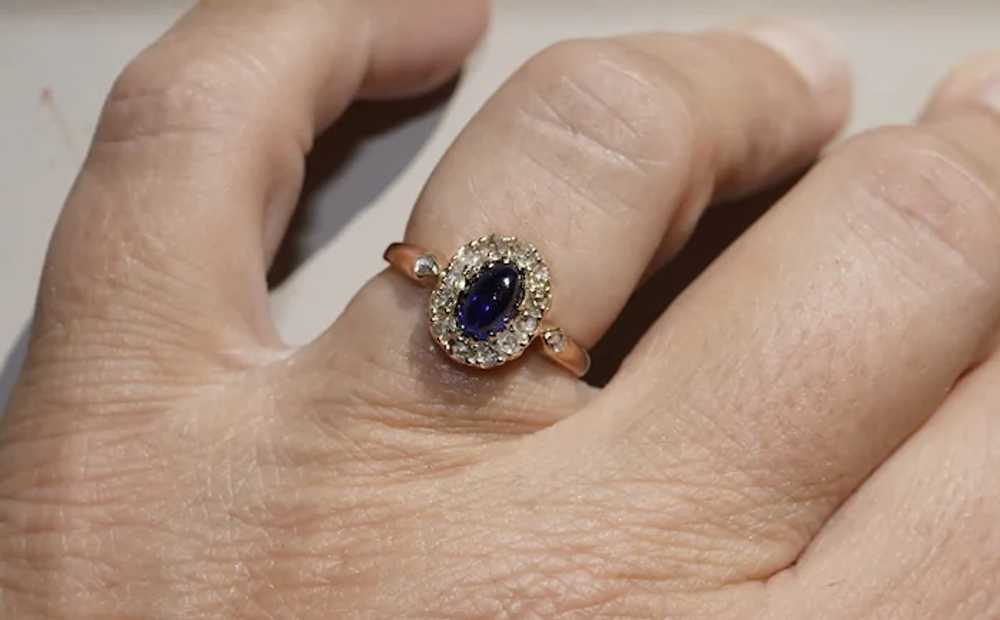 14K Victorian Sapphire & Rose Cut Diamond Halo Ri… - image 2