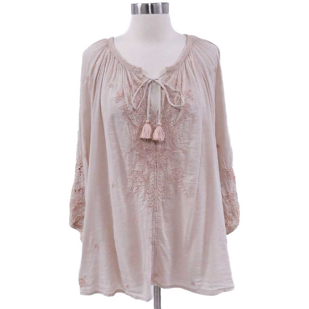 Johnny Was Beige Embroidered Tassel Tie Neck Tuni… - image 1