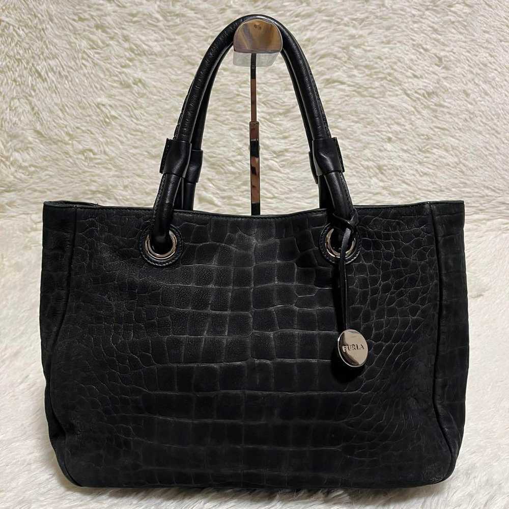 A4 compatible FURLA crocodile-embossed suede tote… - image 2