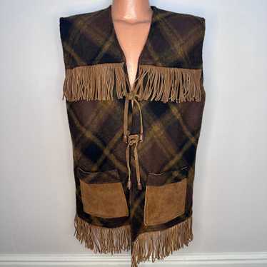 1970s Plaid Vest with Leather Fringe Trim, Pionee… - image 1