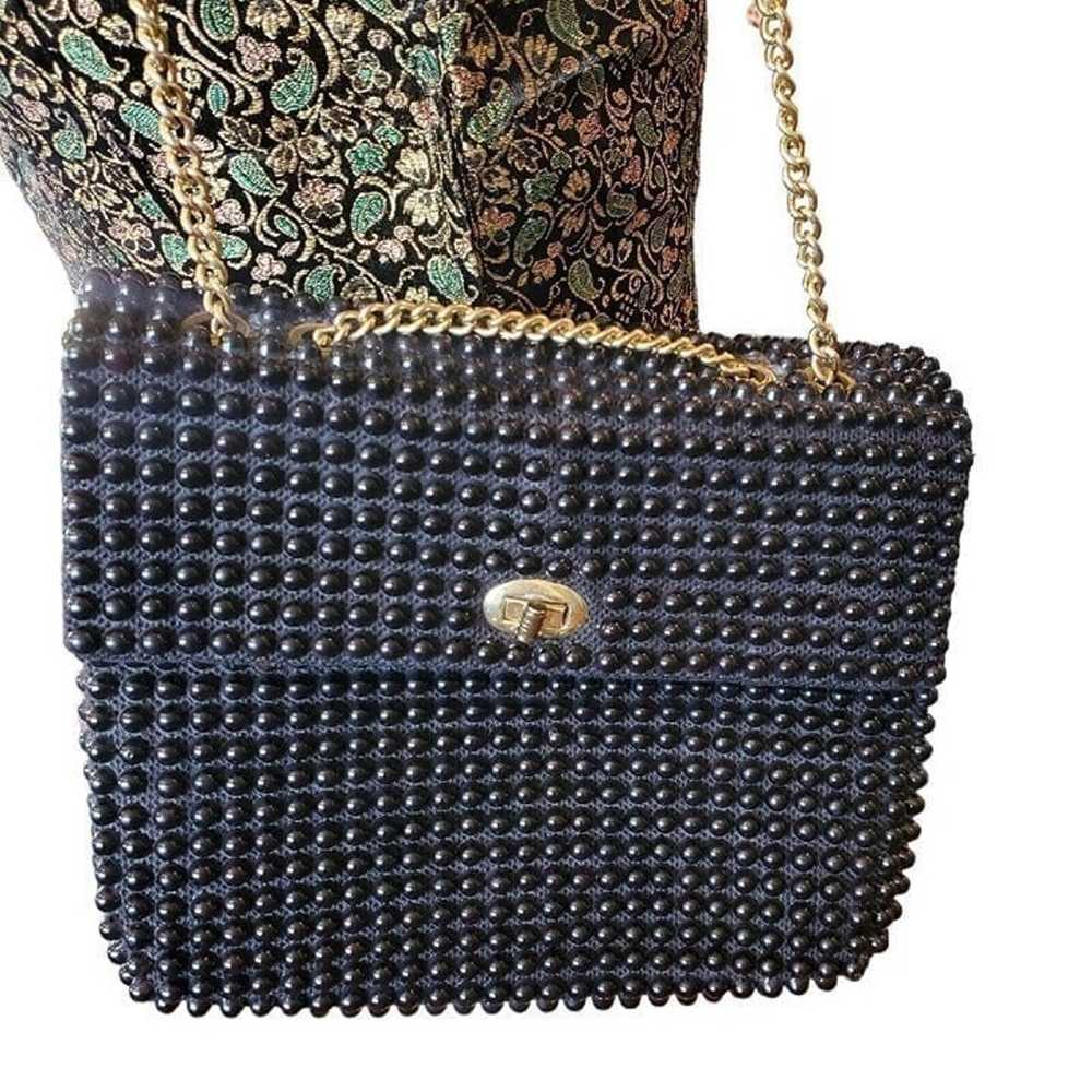 Vintage 60s Mod Black Beaded Gold Chain Purse Twi… - image 2