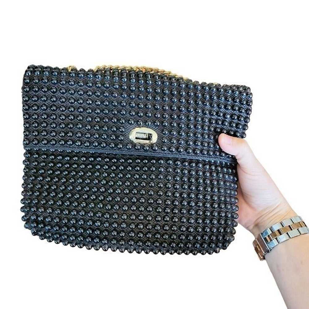 Vintage 60s Mod Black Beaded Gold Chain Purse Twi… - image 9