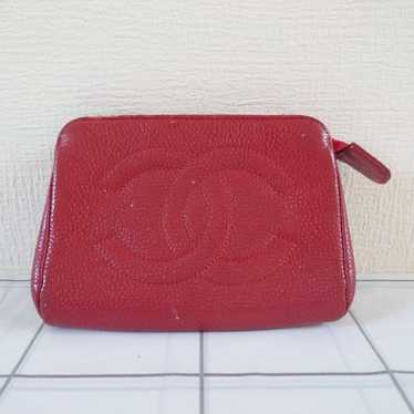 CHANEL Caviar Skin Red Leather Pouch Coco Mark 3