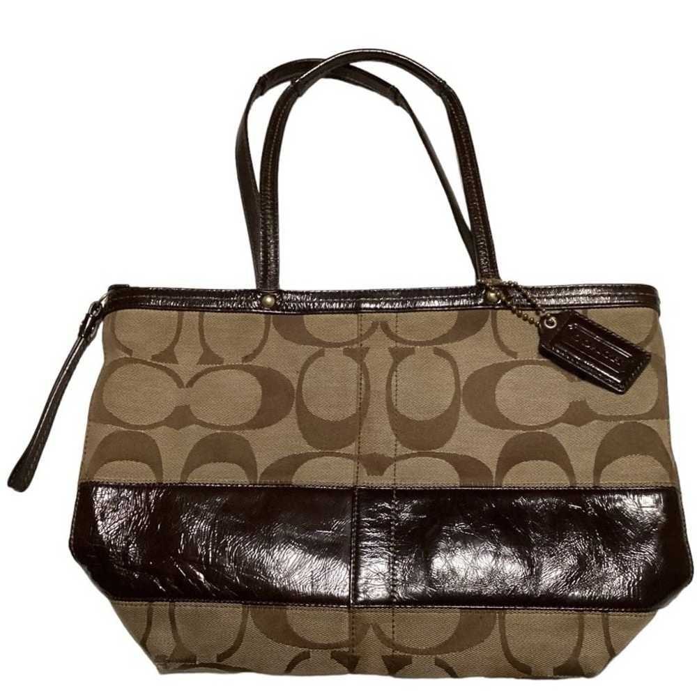 Coach Signature Women's Brown Canvas Patent Leath… - image 1