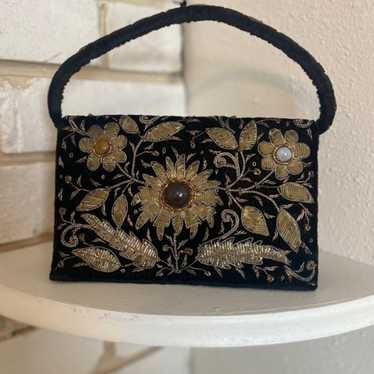 Vintage Black Velvet Embroidered Floral Print Sma… - image 1