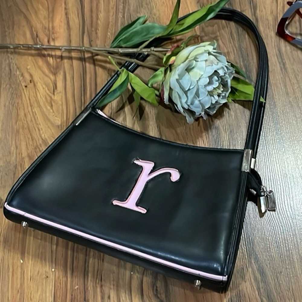 Vintage Black shoulder strap bag w pink initial “… - image 1