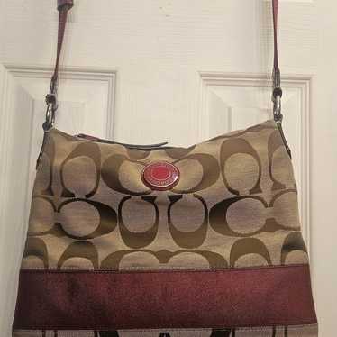 Coach signature tan Burgundy red patent leather cr