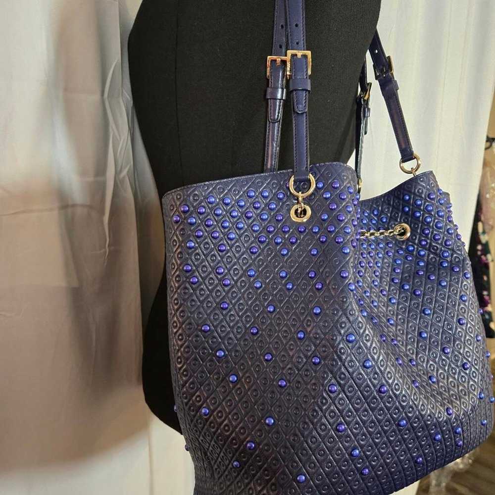 Tod's Blue Leather Embossed Studded Drawstring To… - image 5