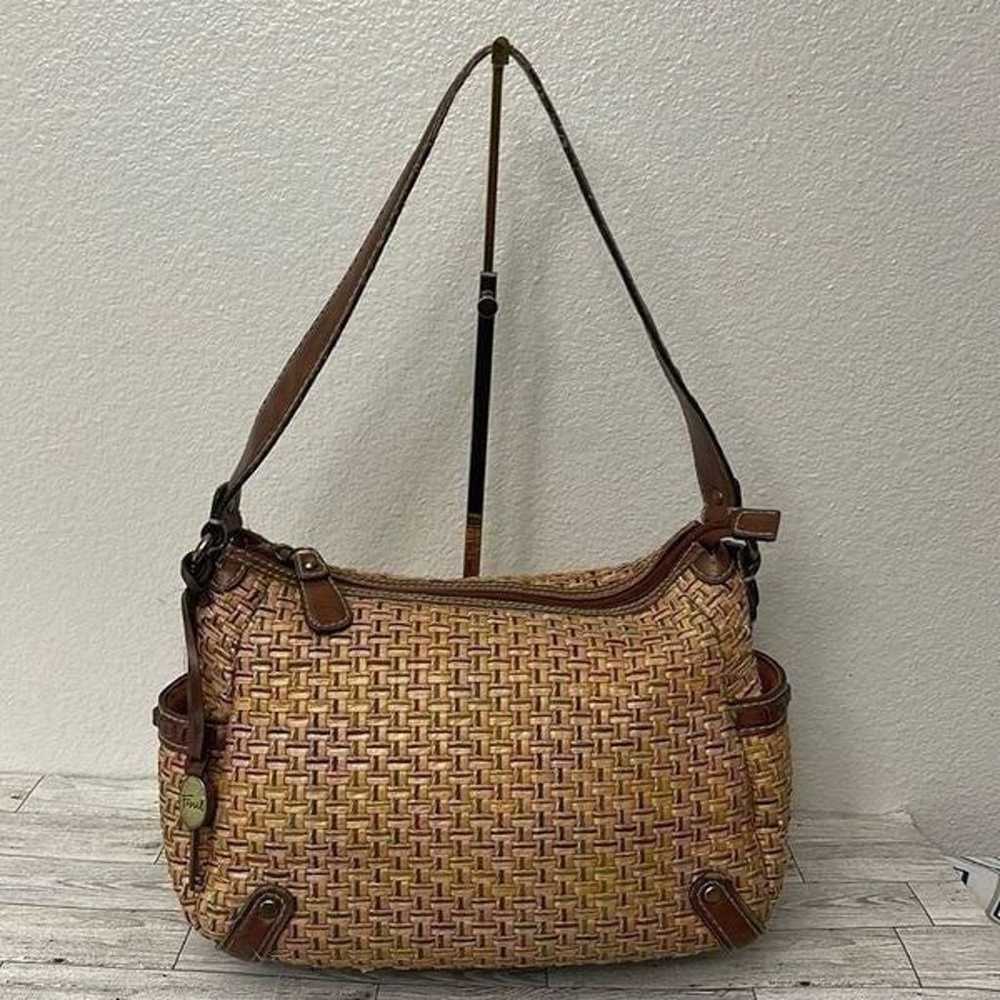 Fossil Vintage Straw and Leather Shoulder Bag - image 1